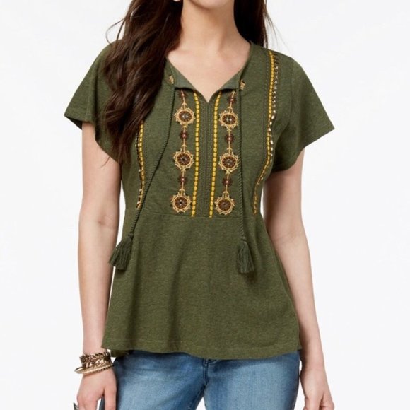STYLE & CO. Olive Green Embroidered Peasant Blouse - Picture 1 of 9